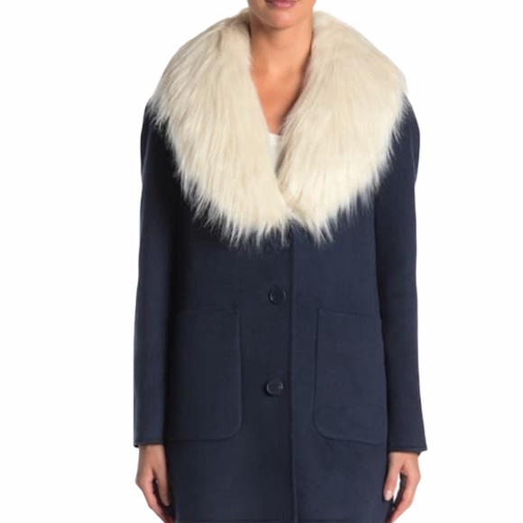 Laundry By Shelli Segal Faux Fur Collar Wool Blend Coat Misty Blue Size M NWT - Picture 3 of 8